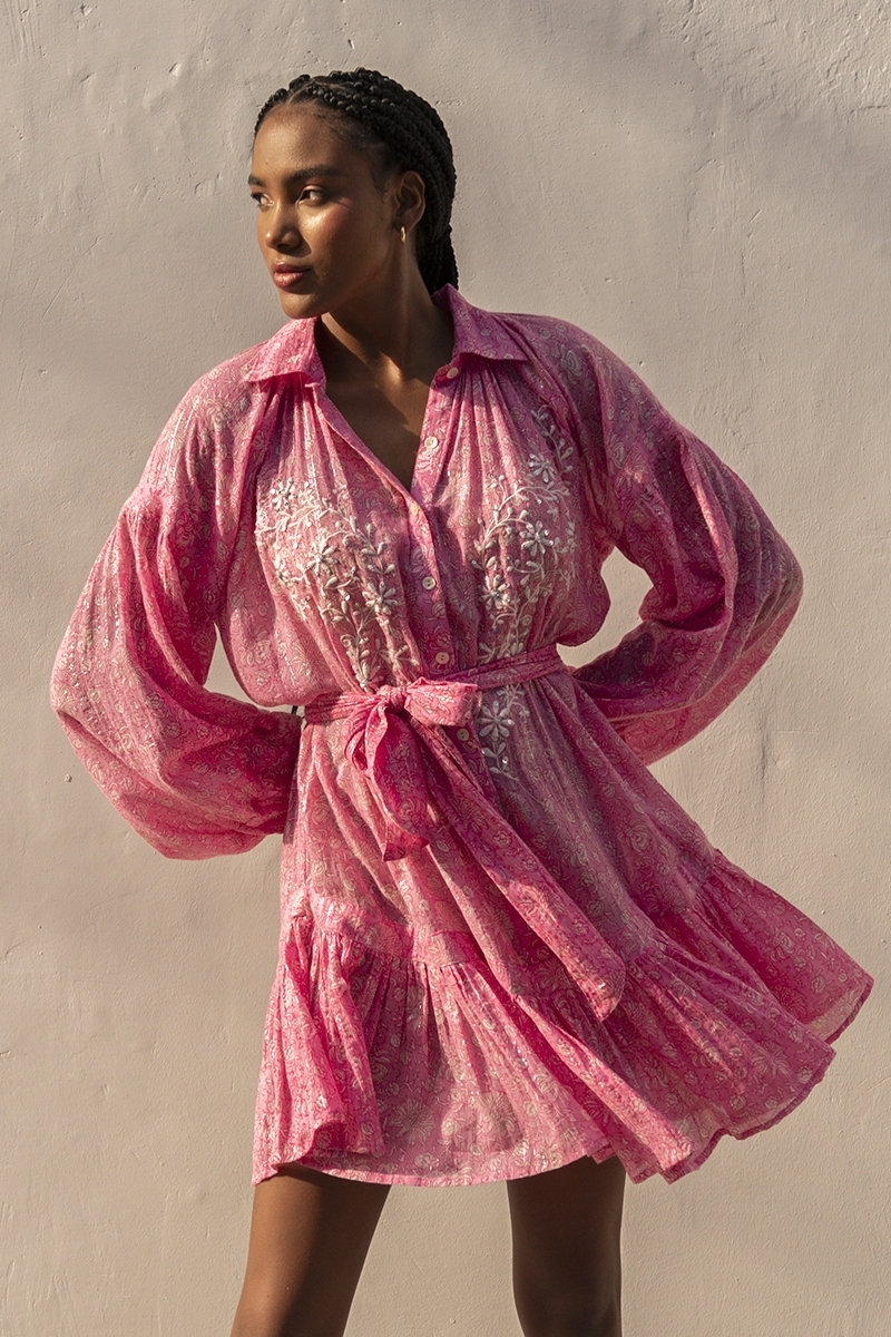 Pia short dress - pink - long sleeves - embroidered with sequins - Miss June Paris - 2