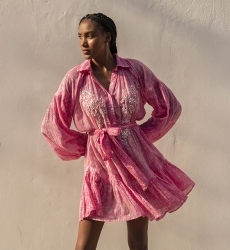 Robe courte Pia - couleur rose - manches longues - ornée de broderies et sequins - Miss June Paris - 2