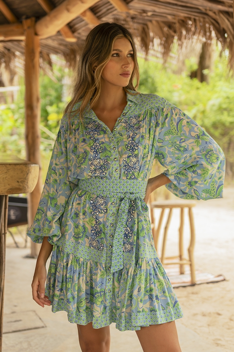 Vestido corto Mariana - verde/azul - estampado floral - manga larga - cinturón a juego - Miss June Paris - 1