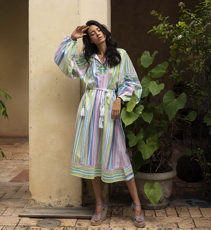 Robe longue Veronica - imprimé rayures - manches longues bouffantes - ceinture assortie - Miss June Paris - 1