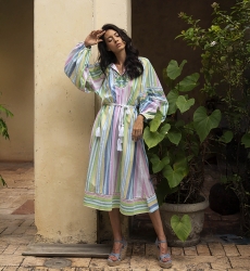 Veronica long dress - stripes print - long puffed sleeves - matching belt - Miss June Paris - 1