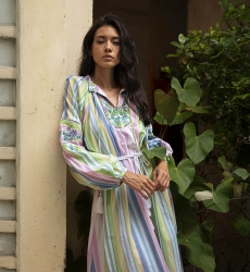 Robe longue Veronica - imprimé rayures - manches longues bouffantes - ceinture assortie - Miss June Paris - 3