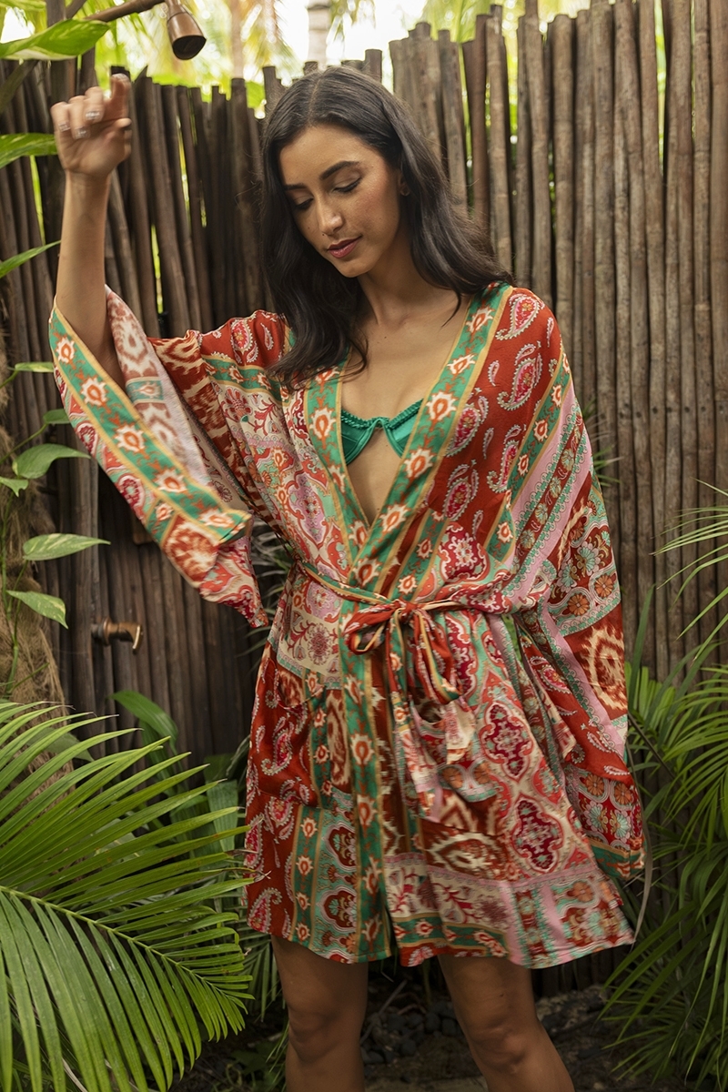 Kimono court Lulia - multicouleur - imprimé cachemire - ceinture assortie - Miss June Paris - 1