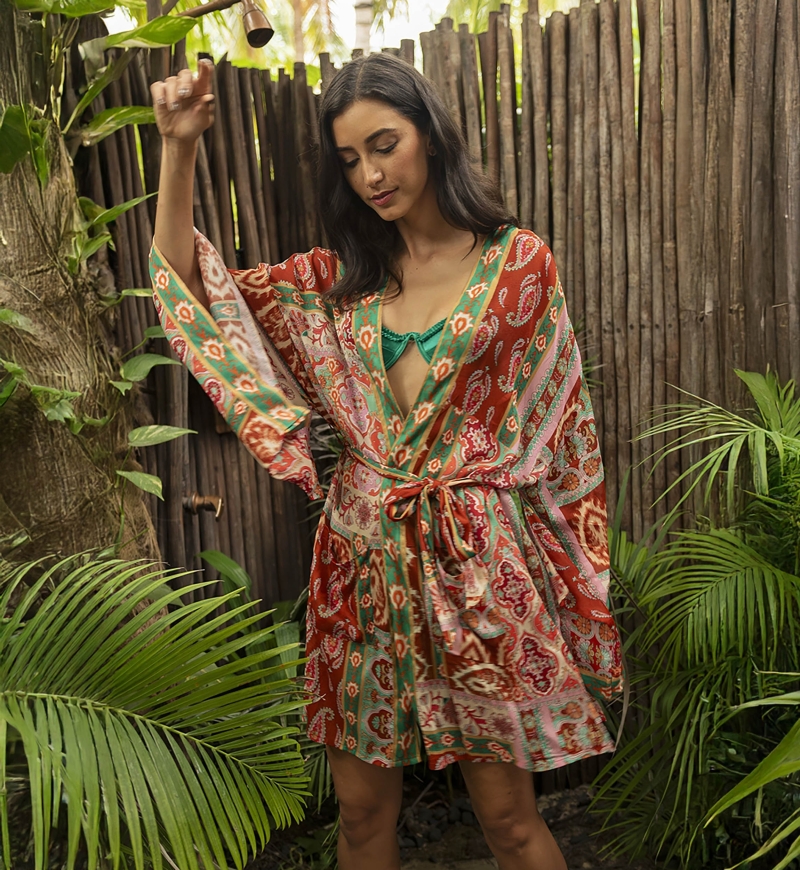 Kimono court Lulia - multicouleur - imprimé cachemire - ceinture assortie - Miss June Paris - 1