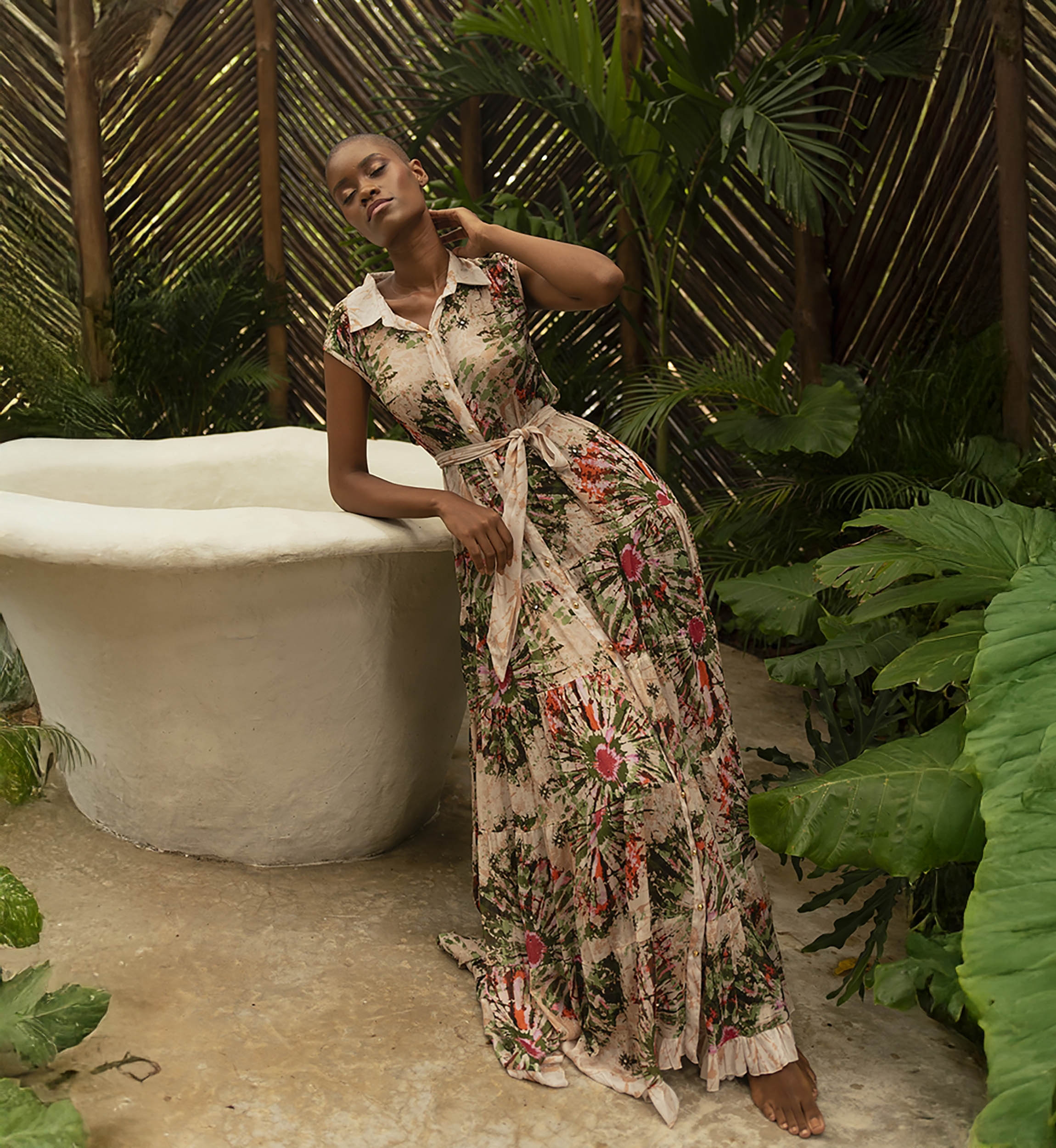 Jimena long dress - blouse collar - gold buttons - floral print - matching belt - Miss June Paris - 1