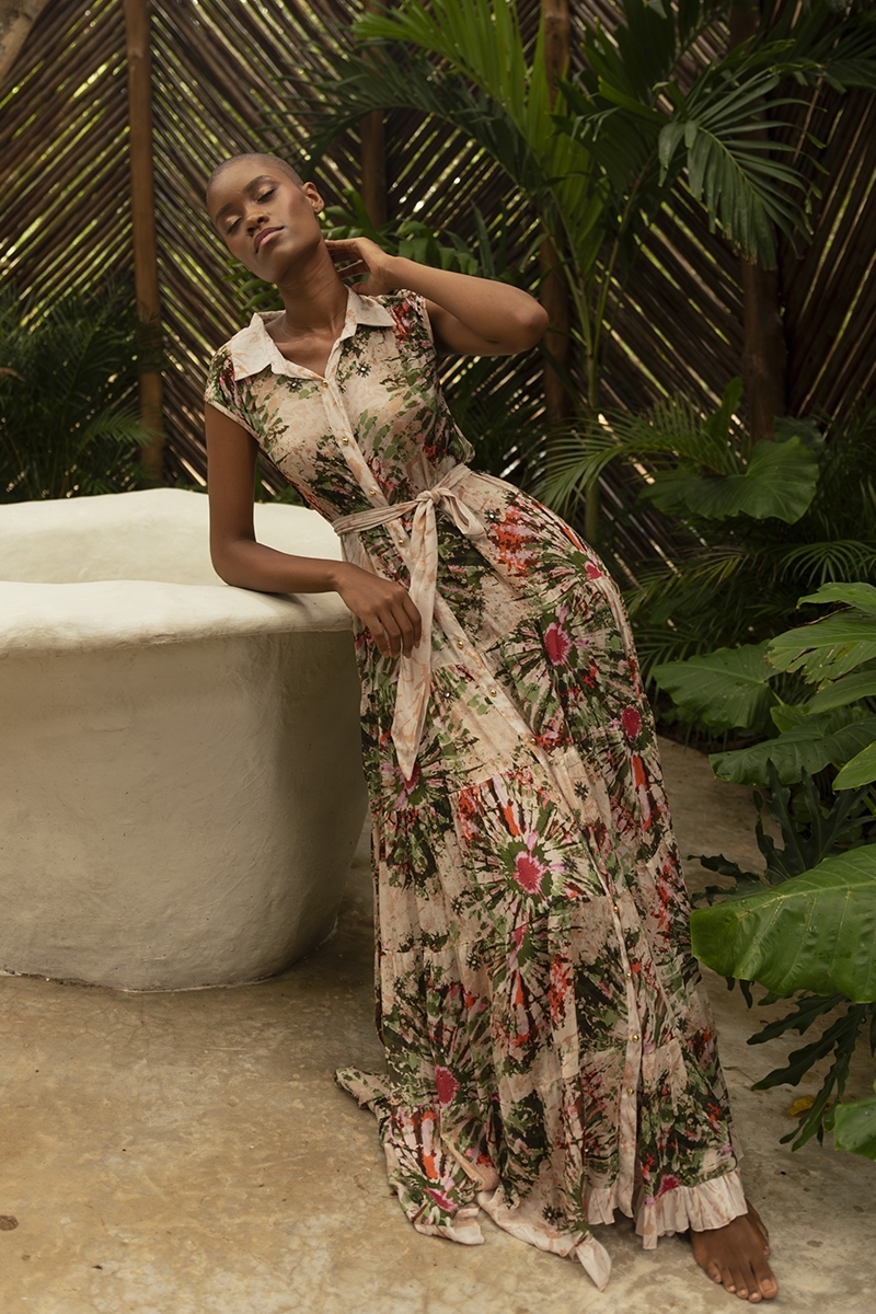 Jimena long dress - blouse collar - gold buttons - floral print - matching belt - Miss June Paris - 1