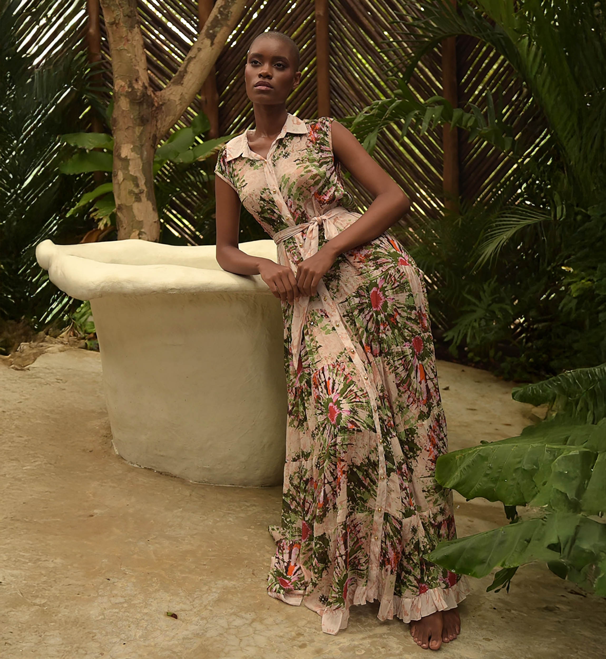 Robe longue Jimena - col chemisier -  boutons dorés - imprimé fleuri - ceinture assortie - Miss June Paris - 3