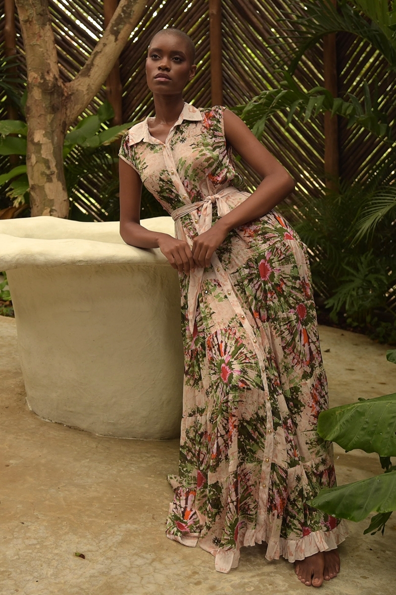 Vestido largo Jimena - cuello camisero - botones dorados - estampado floral - cinturón a juego - Miss June Paris - 3