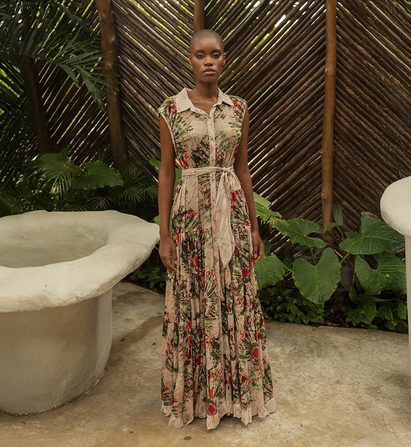 Robe longue Jimena - col chemisier -  boutons dorés - imprimé fleuri - ceinture assortie - Miss June Paris - 2