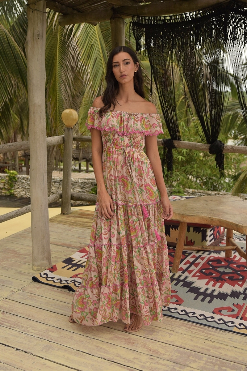 Robe longue Karina - couleurs vives - imprimé fleuri - épaules dénudées - Miss June Paris - 3
