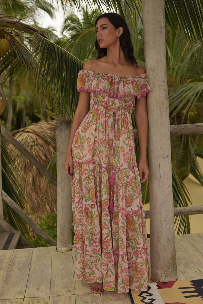 Robe longue Karina - couleurs vives - imprimé fleuri - épaules dénudées - Miss June Paris - 2
