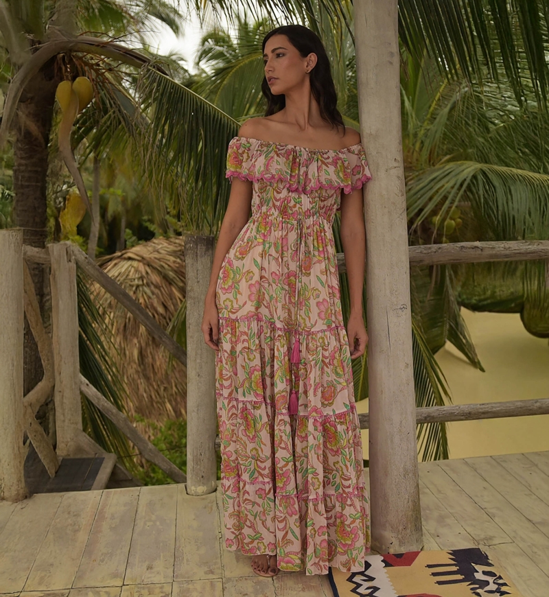 Robe longue Karina - couleurs vives - imprimé fleuri - épaules dénudées - Miss June Paris - 2