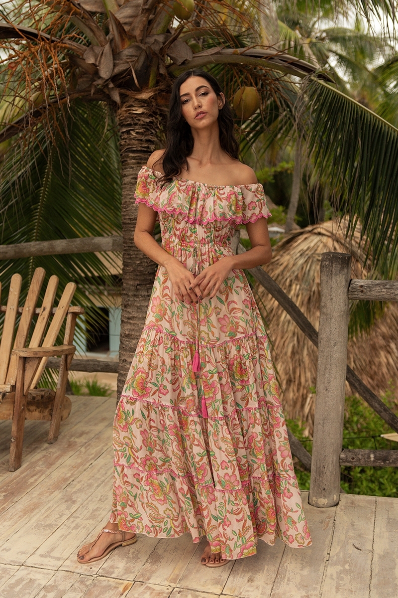 Robe longue Karina - couleurs vives - imprimé fleuri - épaules dénudées - Miss June Paris - 1