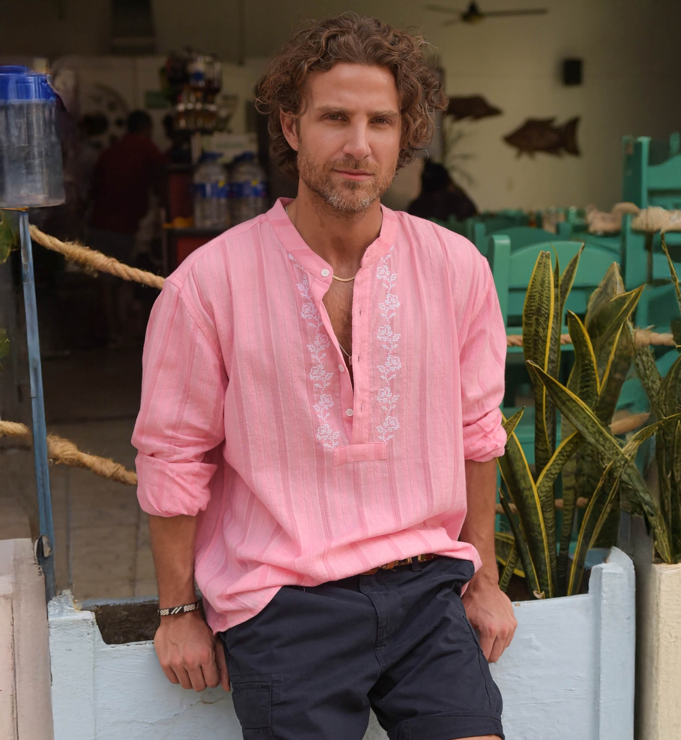 Chemise Jerico - rose avec des détails brodés en blanc - manches longues - collection Shay - Miss June Paris - 1