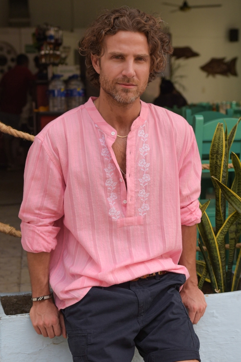 Chemise Jerico - rose avec des détails brodés en blanc - manches longues - collection Shay - Miss June Paris - 1