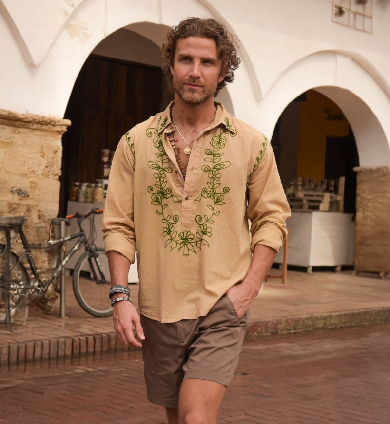 Long-Sleeve Shirt Leyca – beige with khaki embroidery – Shay collection – Miss June Paris – 1