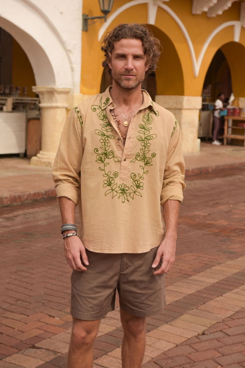 Camisa de Manga Larga Leyca – beige con bordados caqui – colección Shay – Miss June Paris – 3