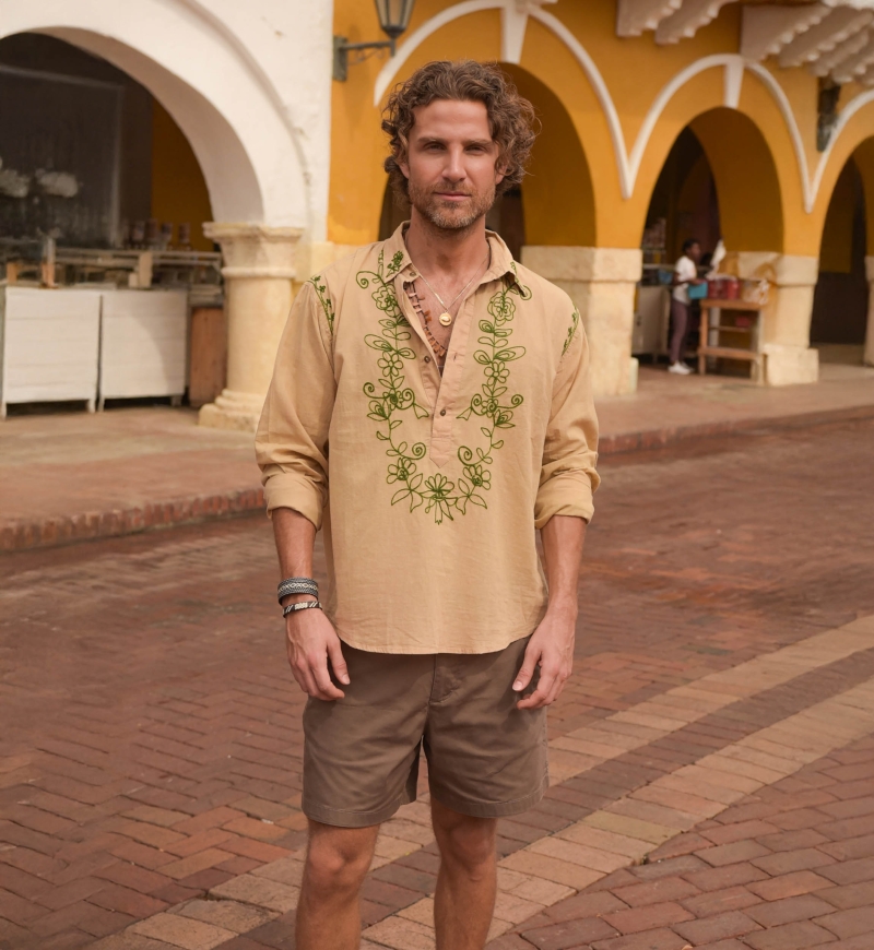 Long-Sleeve Shirt Leyca – beige with khaki embroidery – Shay collection – Miss June Paris – 3