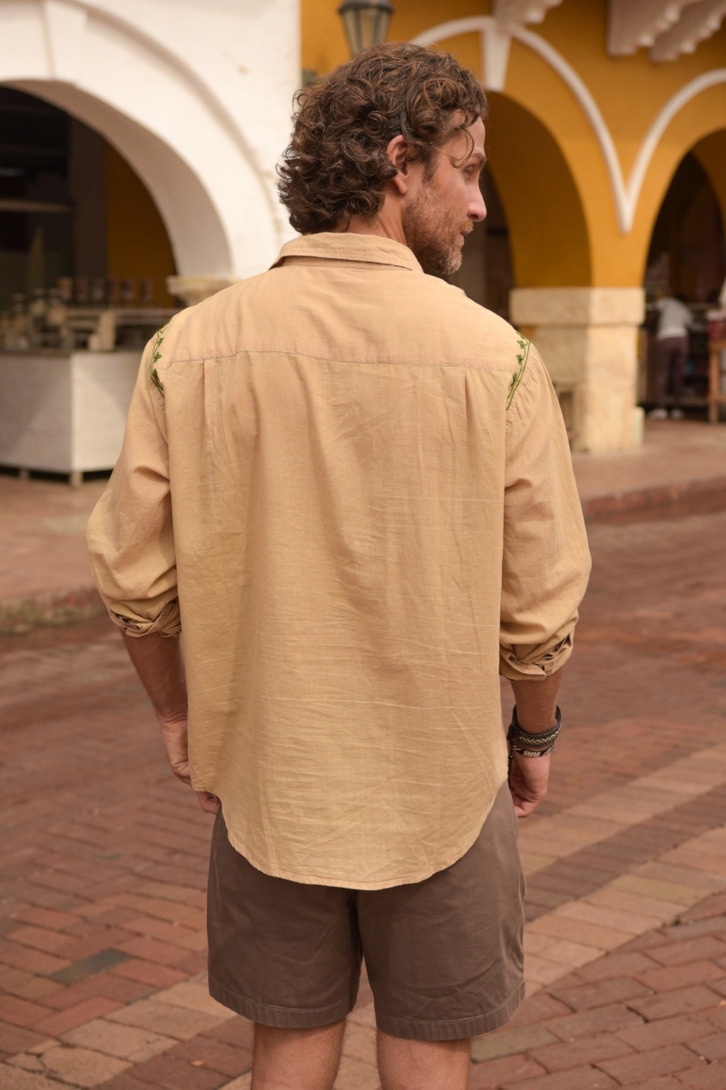 Long-Sleeve Shirt Leyca – beige with khaki embroidery – Shay collection – Miss June Paris – 4