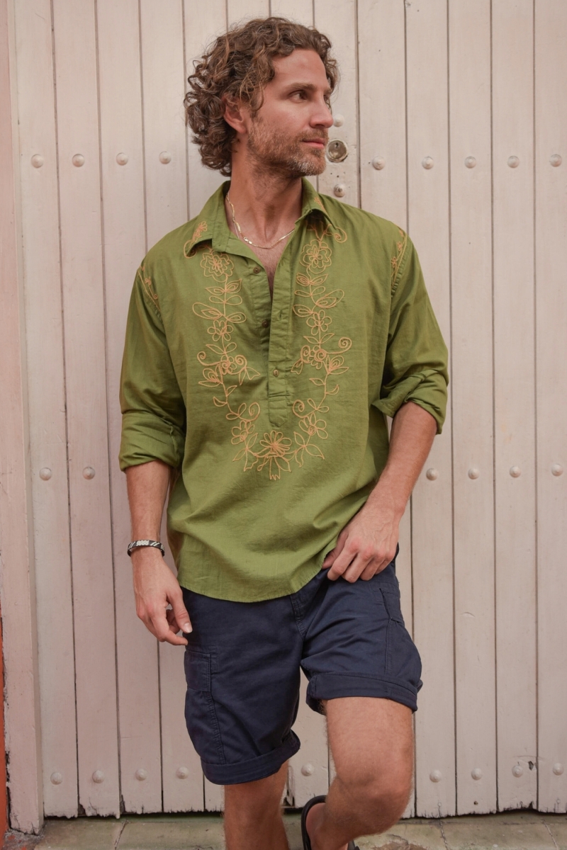 Camisa de Manga Larga Leyca – caqui con bordados beige – colección Shay – Miss June Paris – 2