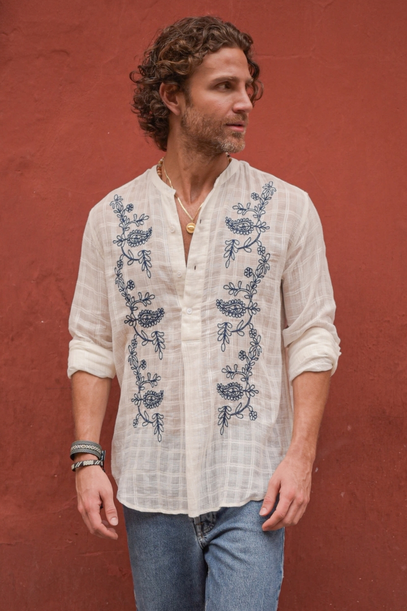 Cocora Shirt – white – blue embroidery – long sleeves – fluid material – Shay collection – Miss June Paris – 2