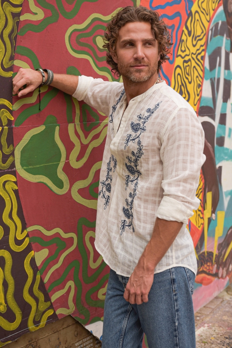 Cocora Shirt – white – blue embroidery – long sleeves – fluid material – Shay collection – Miss June Paris – 1