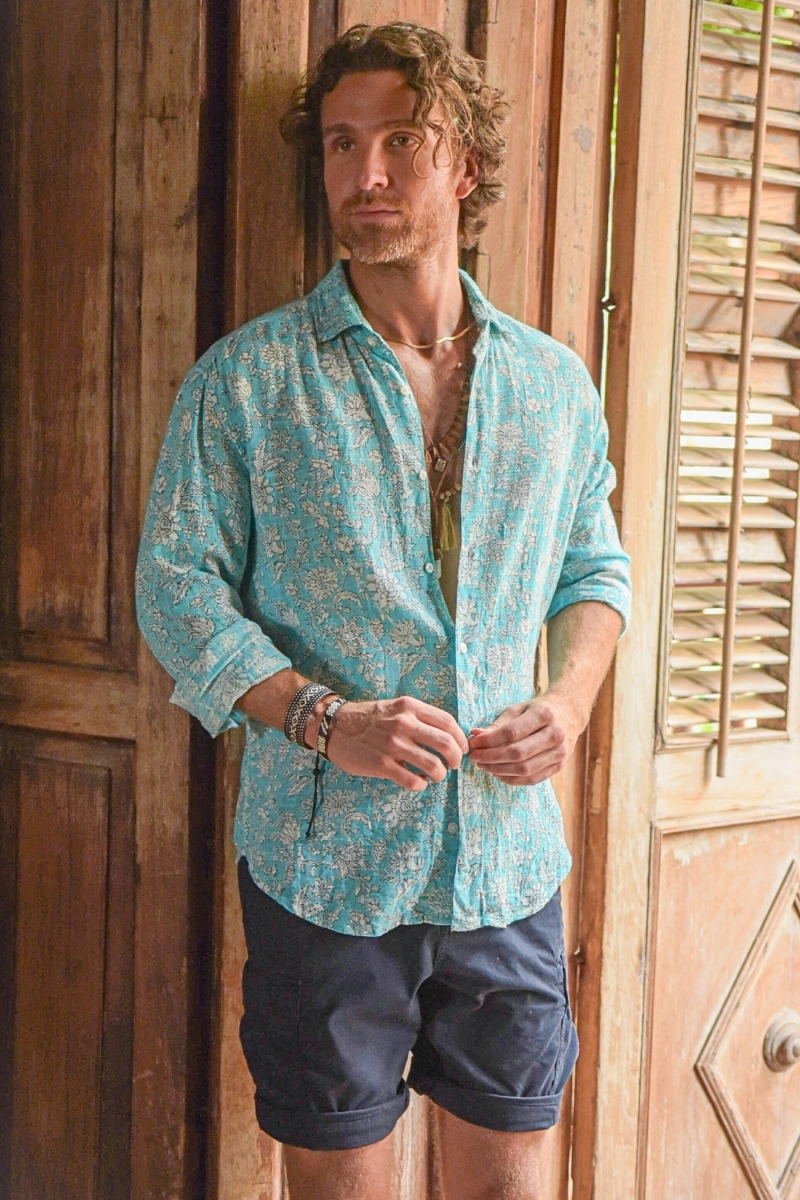 Chemise Manches Longues Popayan - turquoise - imprimé fleuri blanc - légère - collection Shay - Miss June Paris - 1