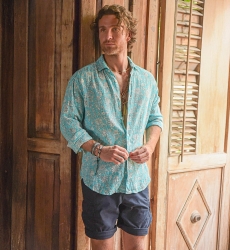 Camisa de Manga Larga Popayan – turquesa – estampado floral blanco – ligera – colección Shay – Miss June Paris – 1