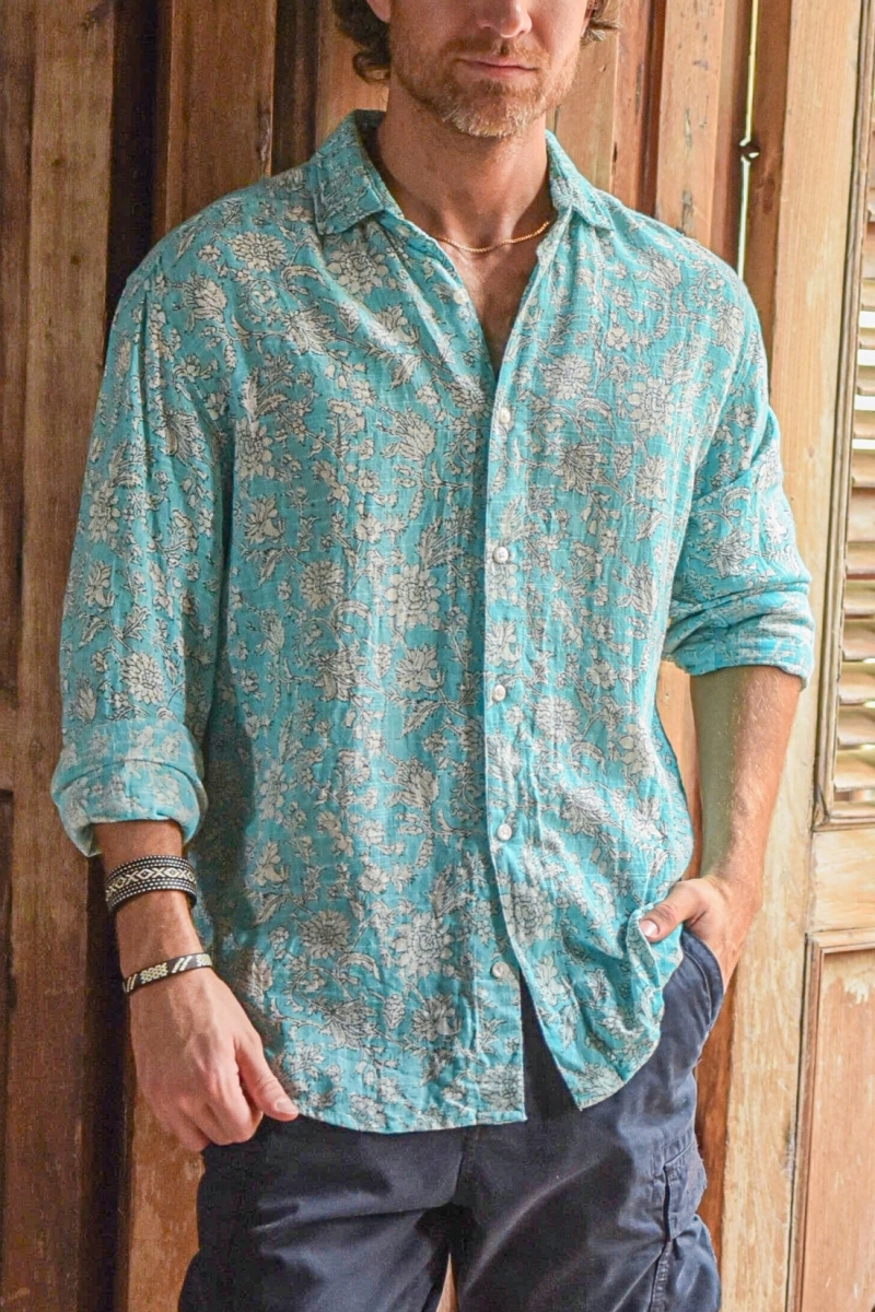 Camisa de Manga Larga Popayan – turquesa – estampado floral blanco – ligera – colección Shay – Miss June Paris – 3