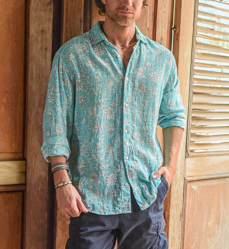 Long Sleeve Shirt Popayan – turquoise – white floral print – lightweight – Shay collection – Miss June Paris – 3