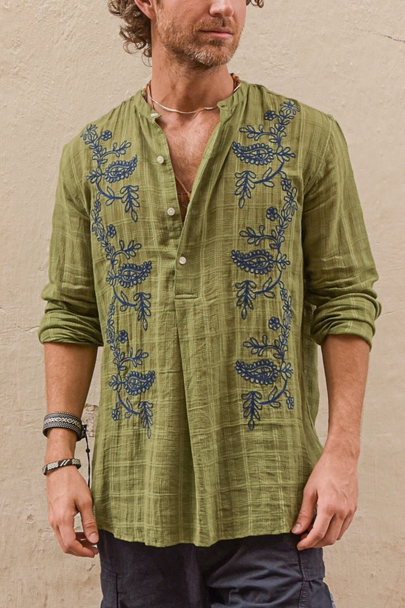 Cocora Shirt – khaki – blue embroidery – long sleeves – fluid material – Shay collection – Miss June Paris – 3