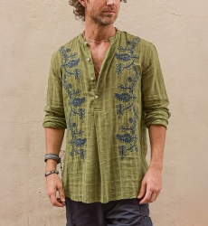 Cocora Shirt – khaki – blue embroidery – long sleeves – fluid material – Shay collection – Miss June Paris – 3