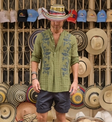 Cocora Shirt – khaki – blue embroidery – long sleeves – fluid material – Shay collection – Miss June Paris – 5