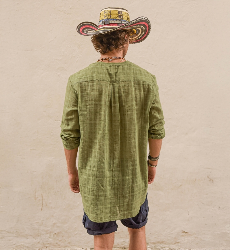 Cocora Shirt – khaki – blue embroidery – long sleeves – fluid material – Shay collection – Miss June Paris – 6