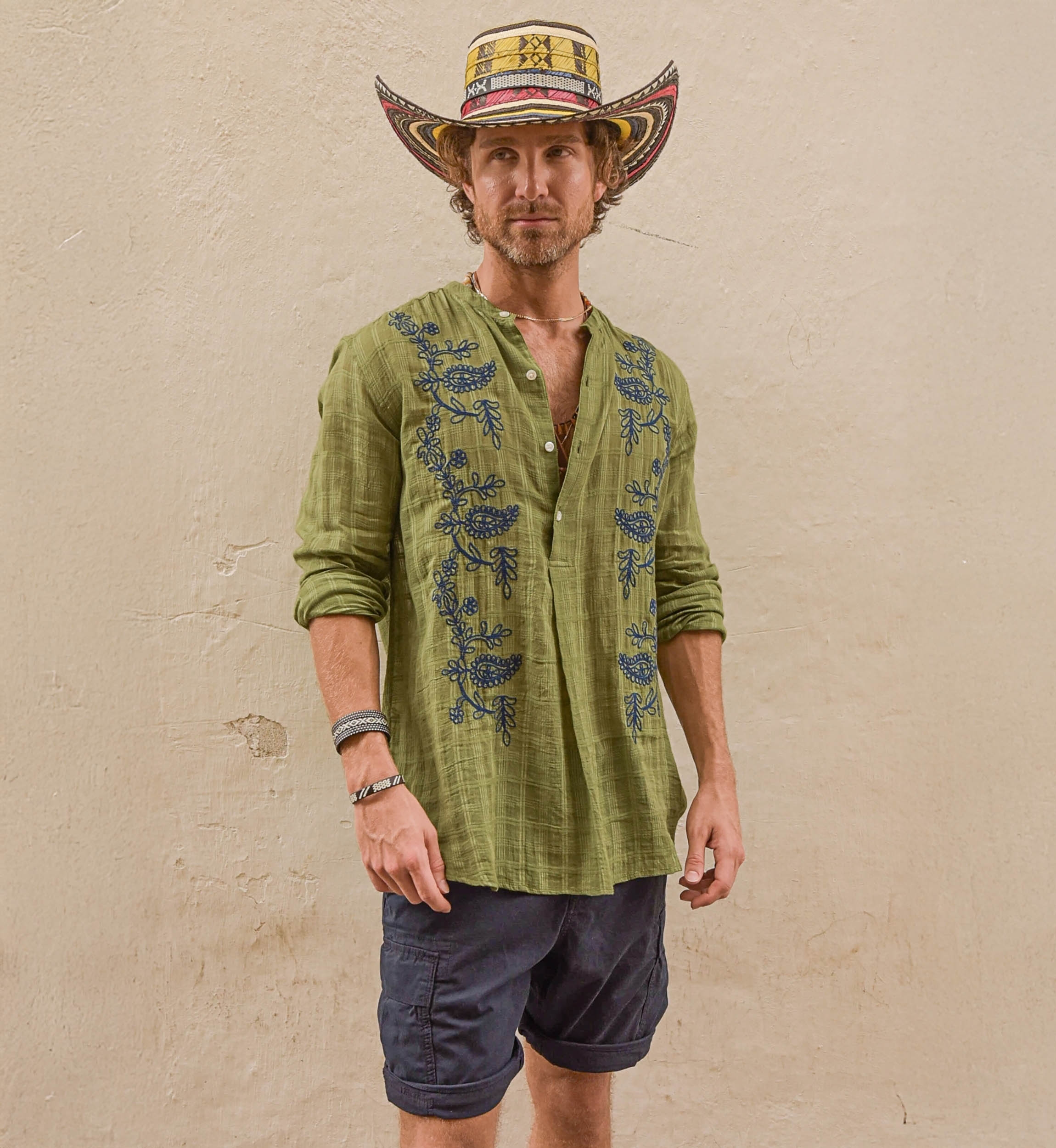 Chemise Cocora - kaki - broderies bleues - manche longue - collection Shay - Miss June Paris - 1