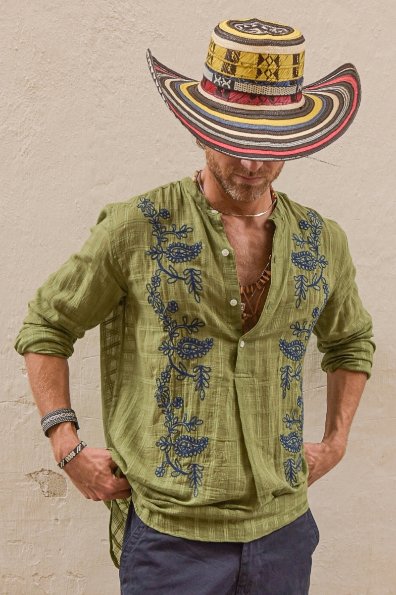 Cocora Shirt – khaki – blue embroidery – long sleeves – fluid material – Shay collection – Miss June Paris – 2