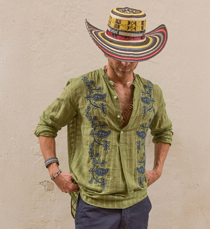 Chemise Cocora - kaki - broderies bleues - manche longue - collection Shay - Miss June Paris - 2