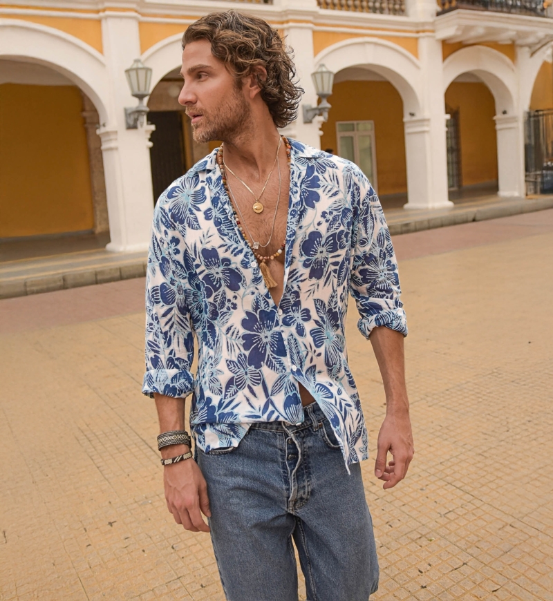 Chemise Barranquilla - blanche/bleue - imprimé floral - manche longue - collection Shay - Miss June Paris - 1