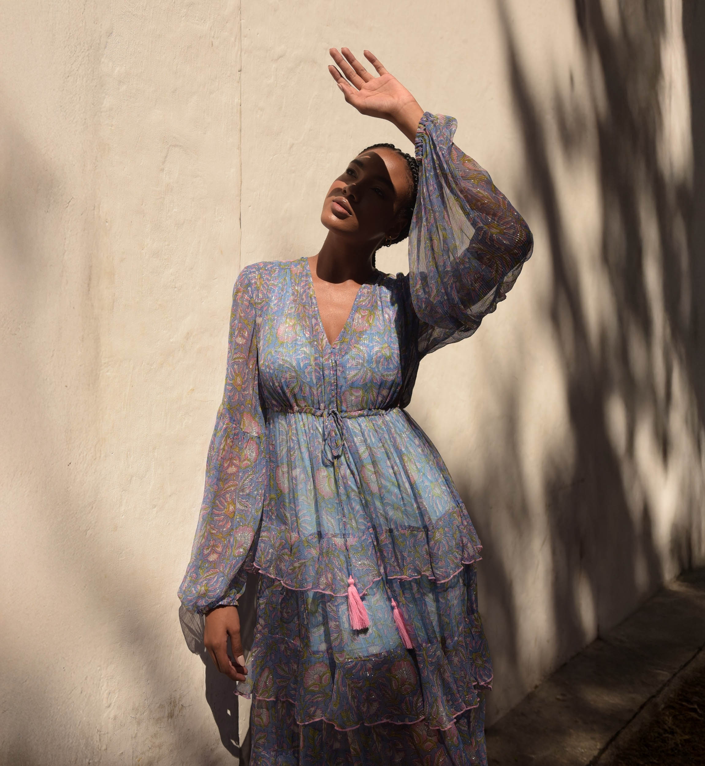 Long Dress Emilia: blue - delicate ruffles - fluid cut - silver lurex - subtle patterns - Miss June Paris - 3