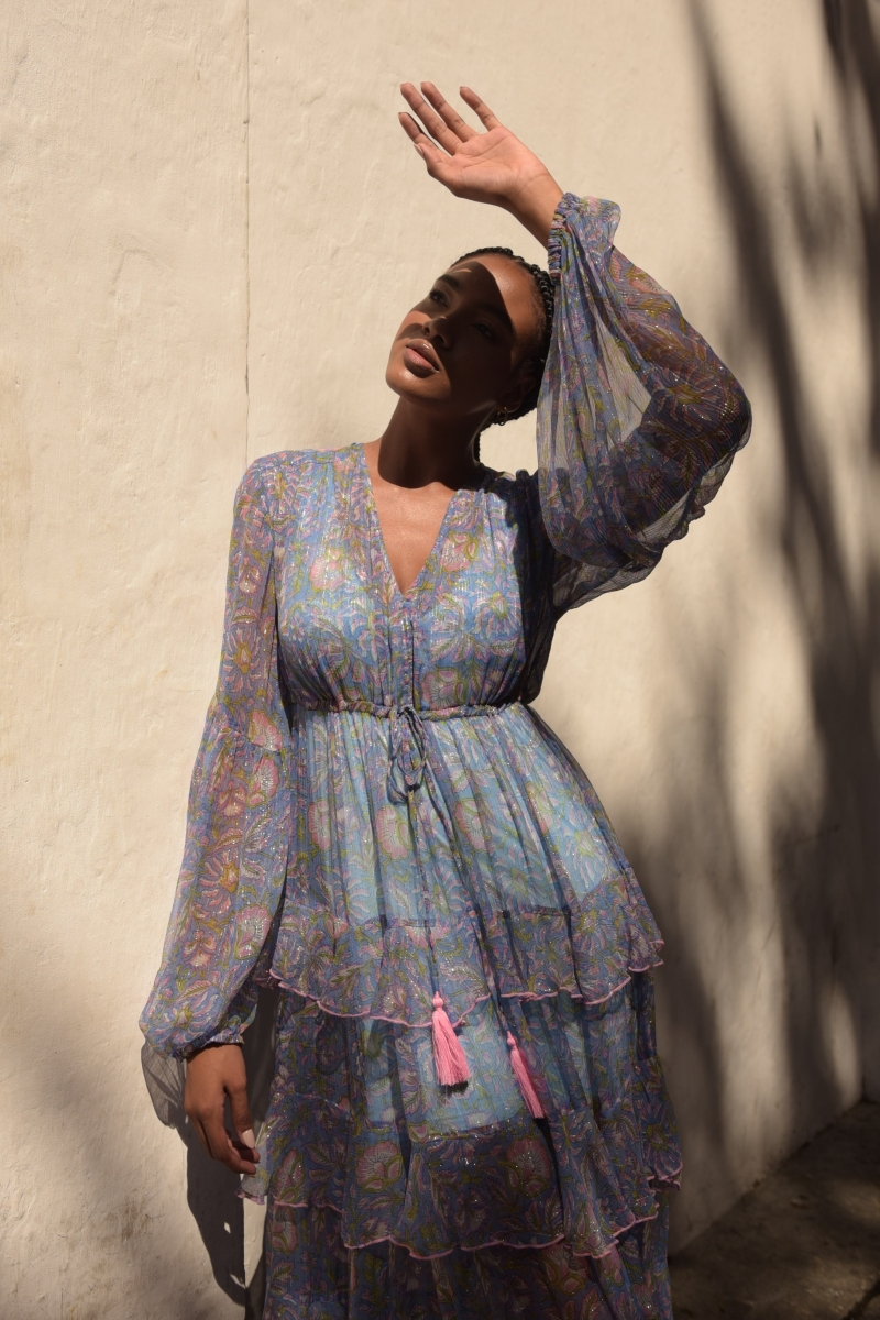 Long Dress Emilia: blue - delicate ruffles - fluid cut - silver lurex - subtle patterns - Miss June Paris - 3