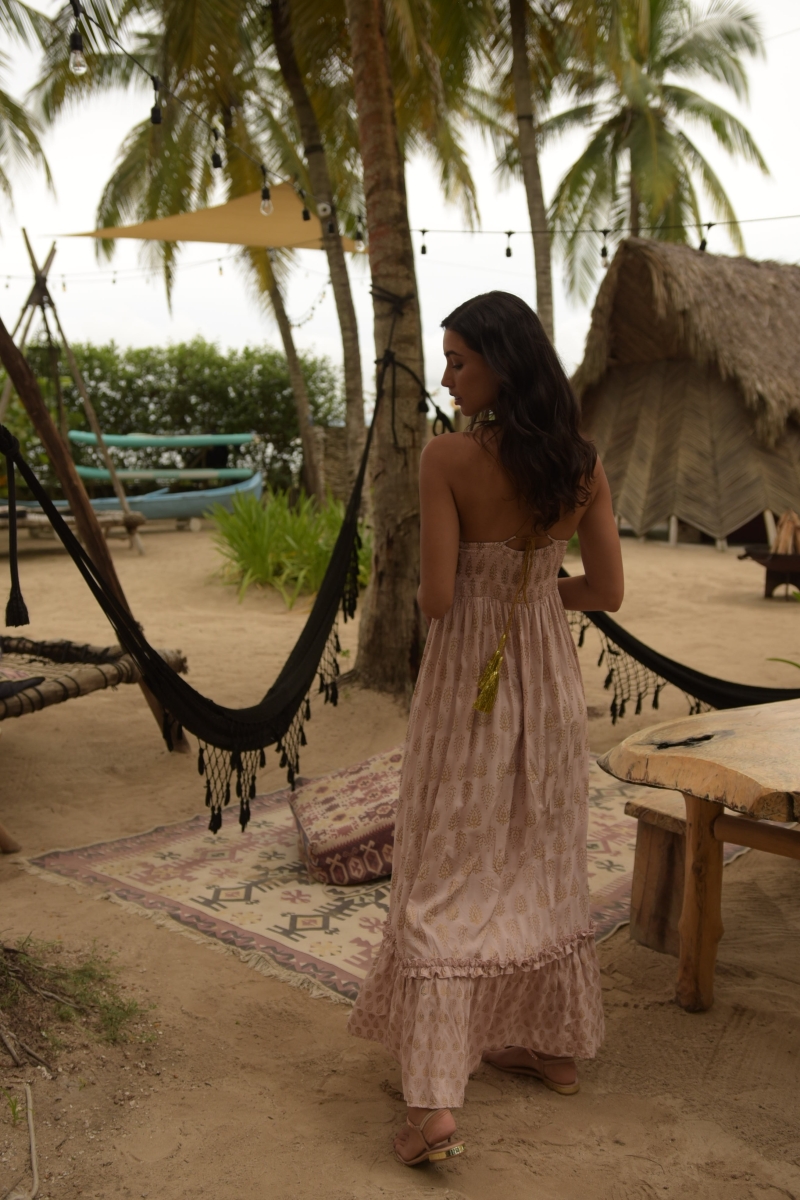 Long Dress Belen: pink - crochet top - thin straps - golden details - Miss June Paris - 4