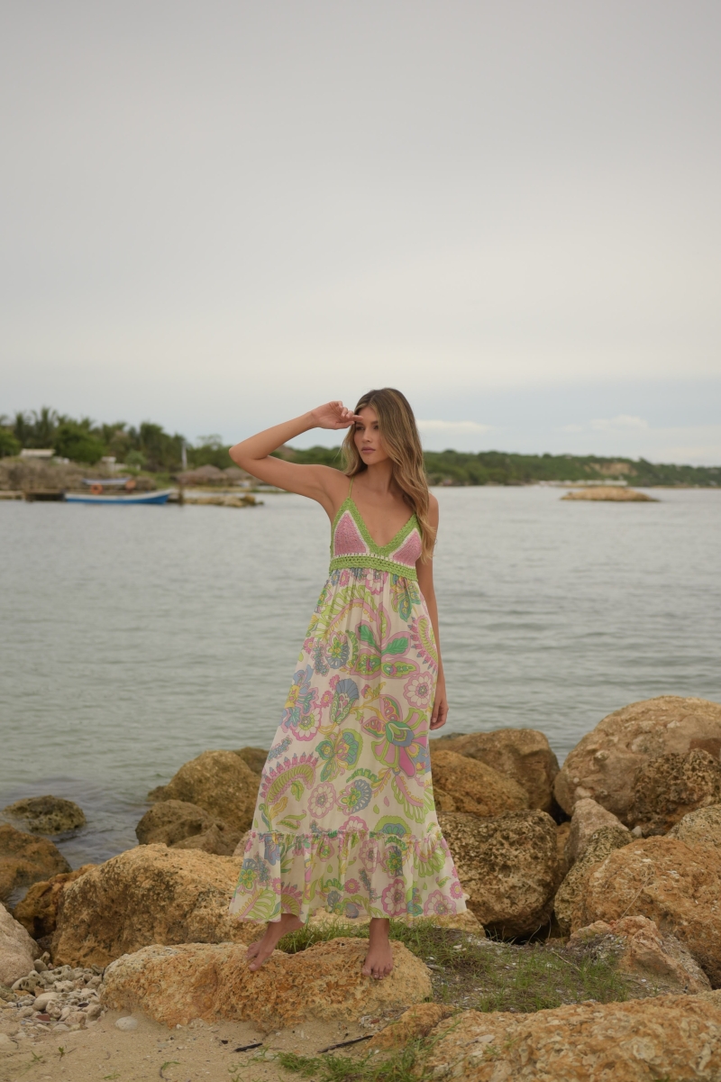 Long Dress Hortensia: multicolor - floral pattern - crochet top - thin straps - Miss June Paris - 4