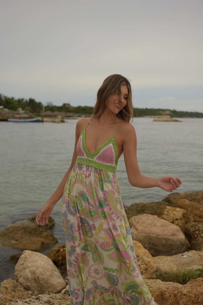 Long Dress Hortensia: multicolor - floral pattern - crochet top - thin straps - Miss June Paris - 5