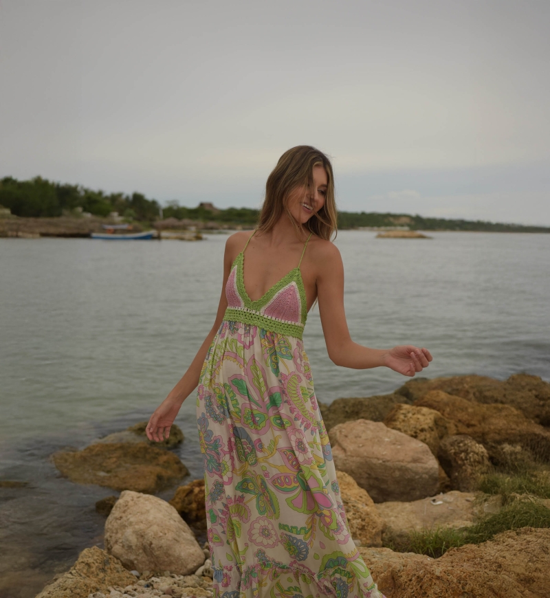 Long Dress Hortensia: multicolor - floral pattern - crochet top - thin straps - Miss June Paris - 5