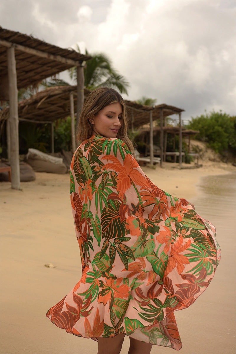 Kaftan Corto Aleida: naranja/multicolor - estampado tropical - pecho luminoso - Miss June Paris - 4