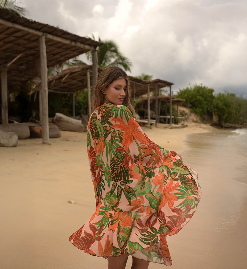 Aleida Short Caftan: orange/multicolor - tropical print - luminous chest - Miss June Paris - 4
