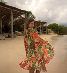 Kaftan Corto Aleida: naranja/multicolor - estampado tropical - pecho luminoso - Miss June Paris - 4