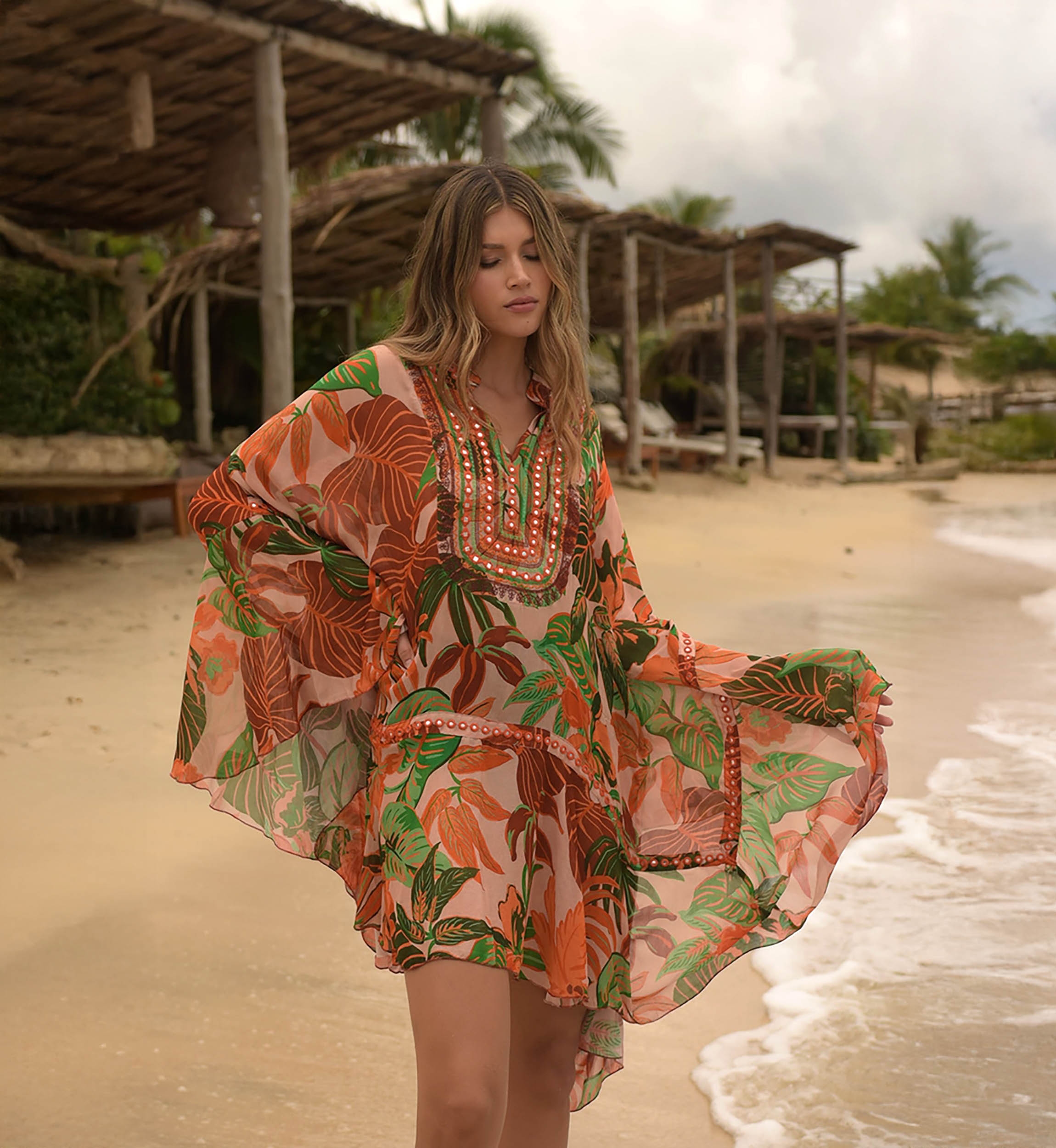 Aleida Short Caftan: orange/multicolor - tropical print - luminous chest - Miss June Paris - 3