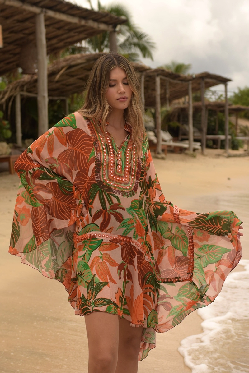 Kaftan Corto Aleida: naranja/multicolor - estampado tropical - pecho luminoso - Miss June Paris - 3