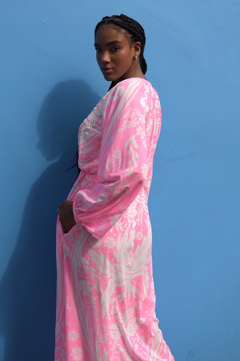 Ursula long dress - neon pink - sparkling bib - delicate white print - Miss June Paris - 4